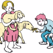 Illustration von Kindern, die Schafe streicheln