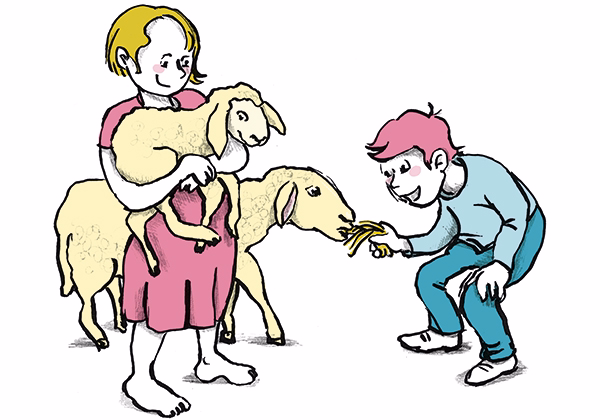 Illustration von Kindern, die Schafe streicheln